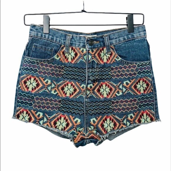 High Waisted Aztec Tribal Embroidered Jean Shorts - Picture 1 of 5